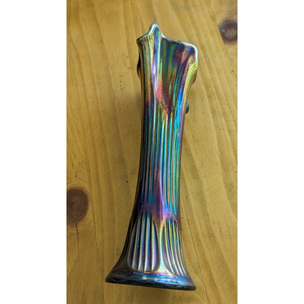 Fenton Amethyst Iridescent Carnival Glass Swung Bud Vase‎ Ruffled Rim 12 inch